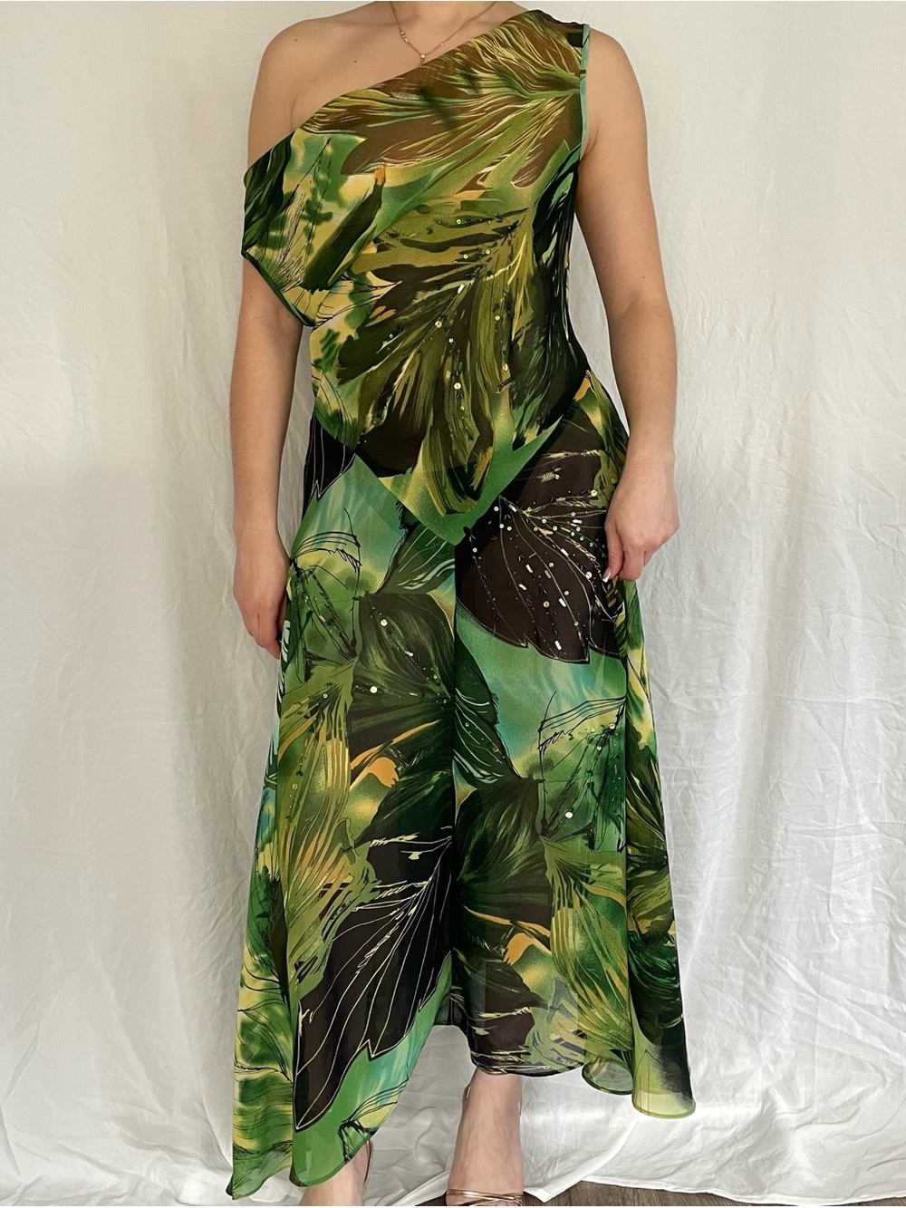 Vintage Tropical Asymmetrical Sheer Midi Dress